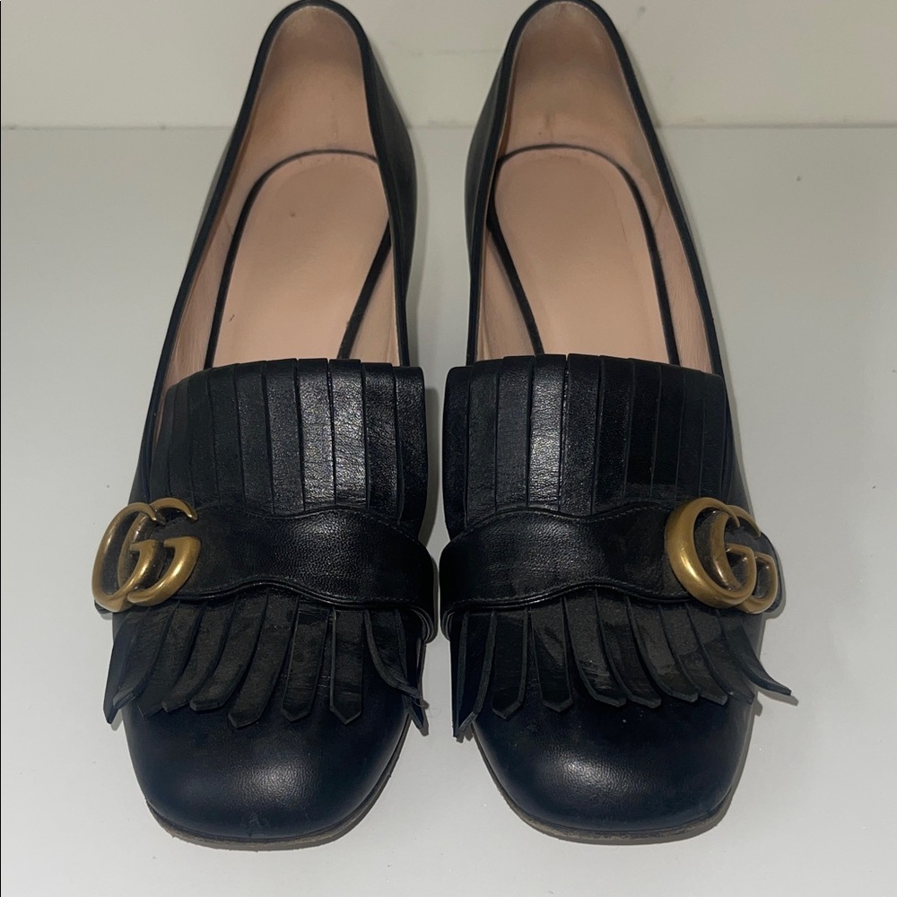 Gucci Marmot Black Leather Fringe Loafers with Gold Logo